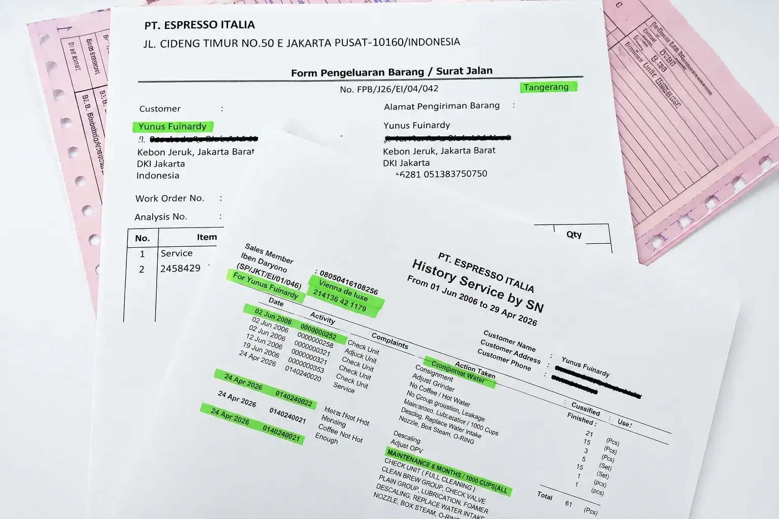 Form pengeluaran barang dan riwayat servis Saeco Vienna de Luxe — Bapak Yunus Fuinardy